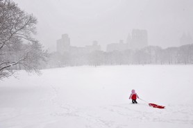 Enfant jouant dans la neige' à Central Park - New-york - Etats-Unis - Février 2008
