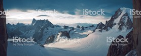Landscape of the French Alps at sunset with Grandes Jourases and Mont Blanc du Tacul in the background